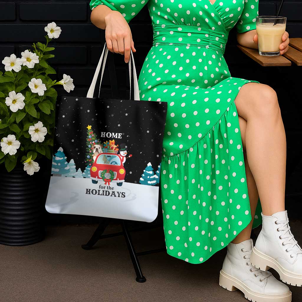 Merry Christmas Bulldog And Snowman Tote Bag Dog Snowman Christmas Tree and Red Car Winter Scene - Wonder Print Shop