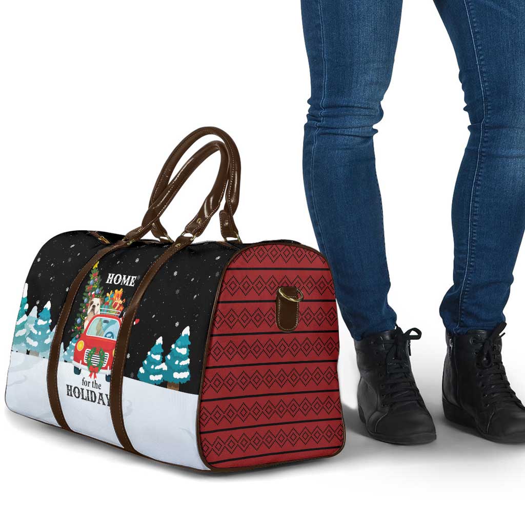 Merry Christmas Bulldog And Snowman Travel Bag Dog Snowman Christmas Tree and Red Car Winter Scene - Wonder Print Shop