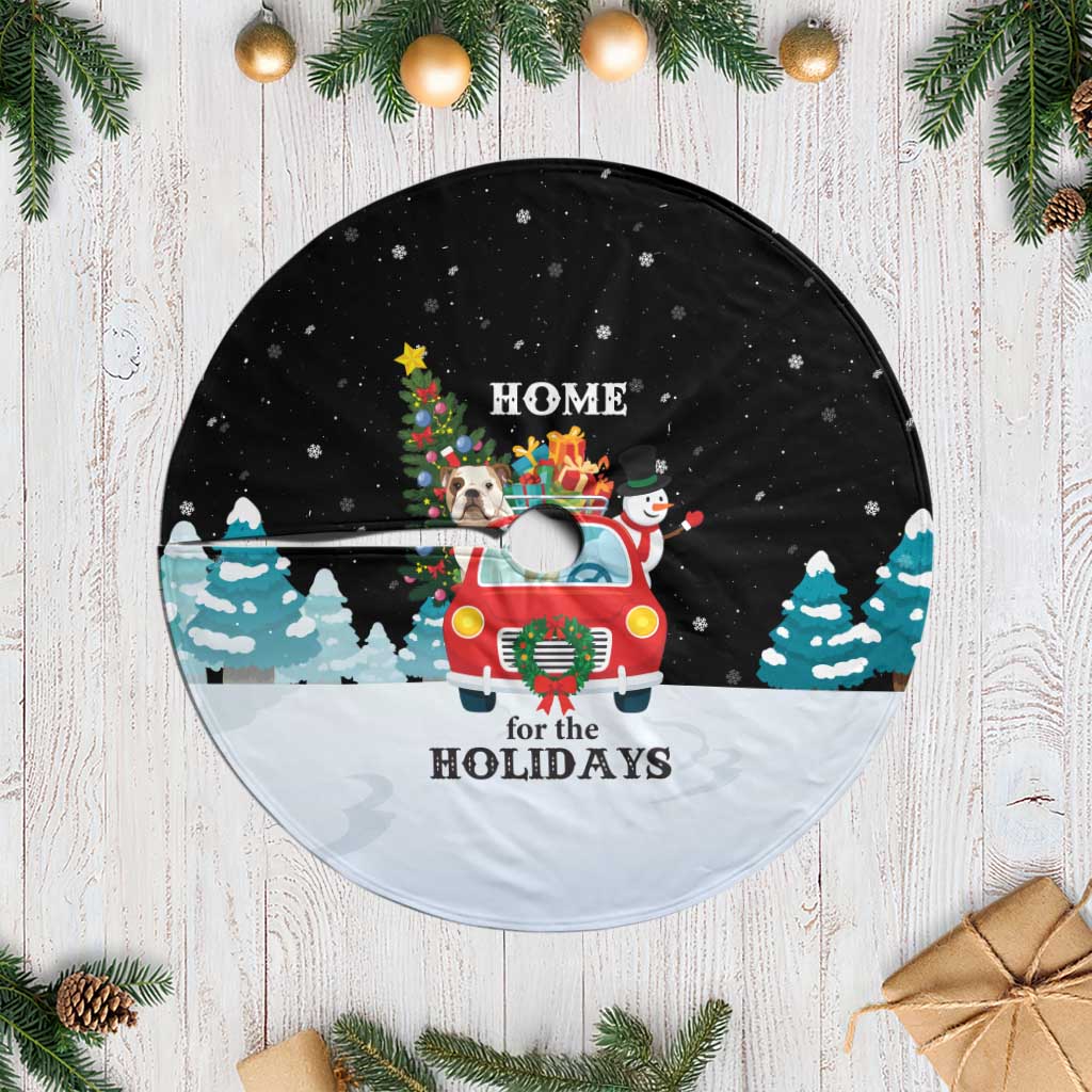 Merry Christmas Bulldog And Snowman Tree Skirt Dog Snowman Christmas Tree and Red Car Winter Scene - Wonder Print Shop