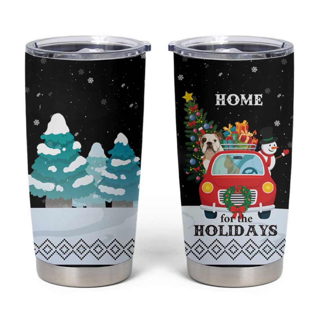 Merry Christmas Bulldog And Snowman Tumbler Cup Dog Snowman Christmas Tree and Red Car Winter Scene - Wonder Print Shop