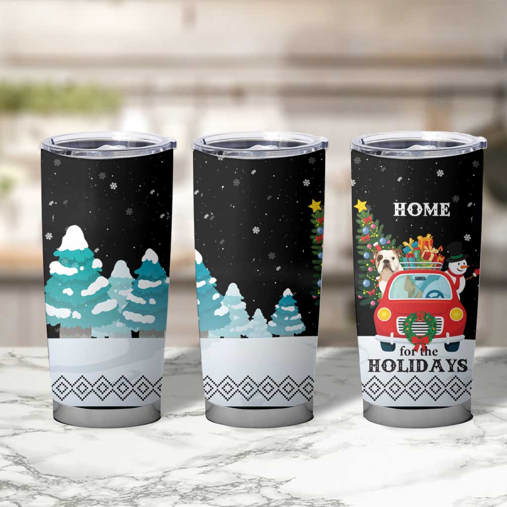 Merry Christmas Bulldog And Snowman Tumbler Cup Dog Snowman Christmas Tree and Red Car Winter Scene - Wonder Print Shop