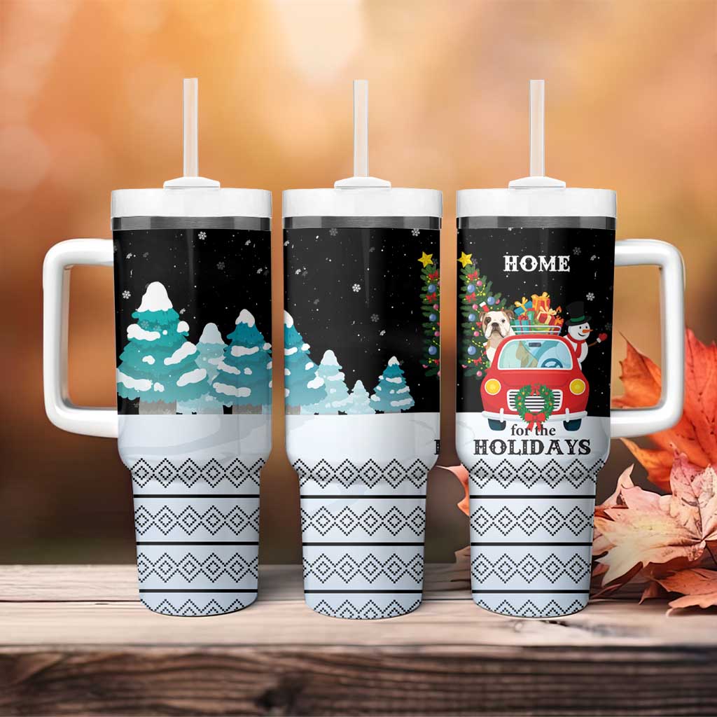 Merry Christmas Bulldog And Snowman Tumbler With Handle Dog Snowman Christmas Tree and Red Car Winter Scene - Wonder Print Shop
