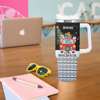 Merry Christmas Bulldog And Snowman Tumbler With Handle Dog Snowman Christmas Tree and Red Car Winter Scene - Wonder Print Shop