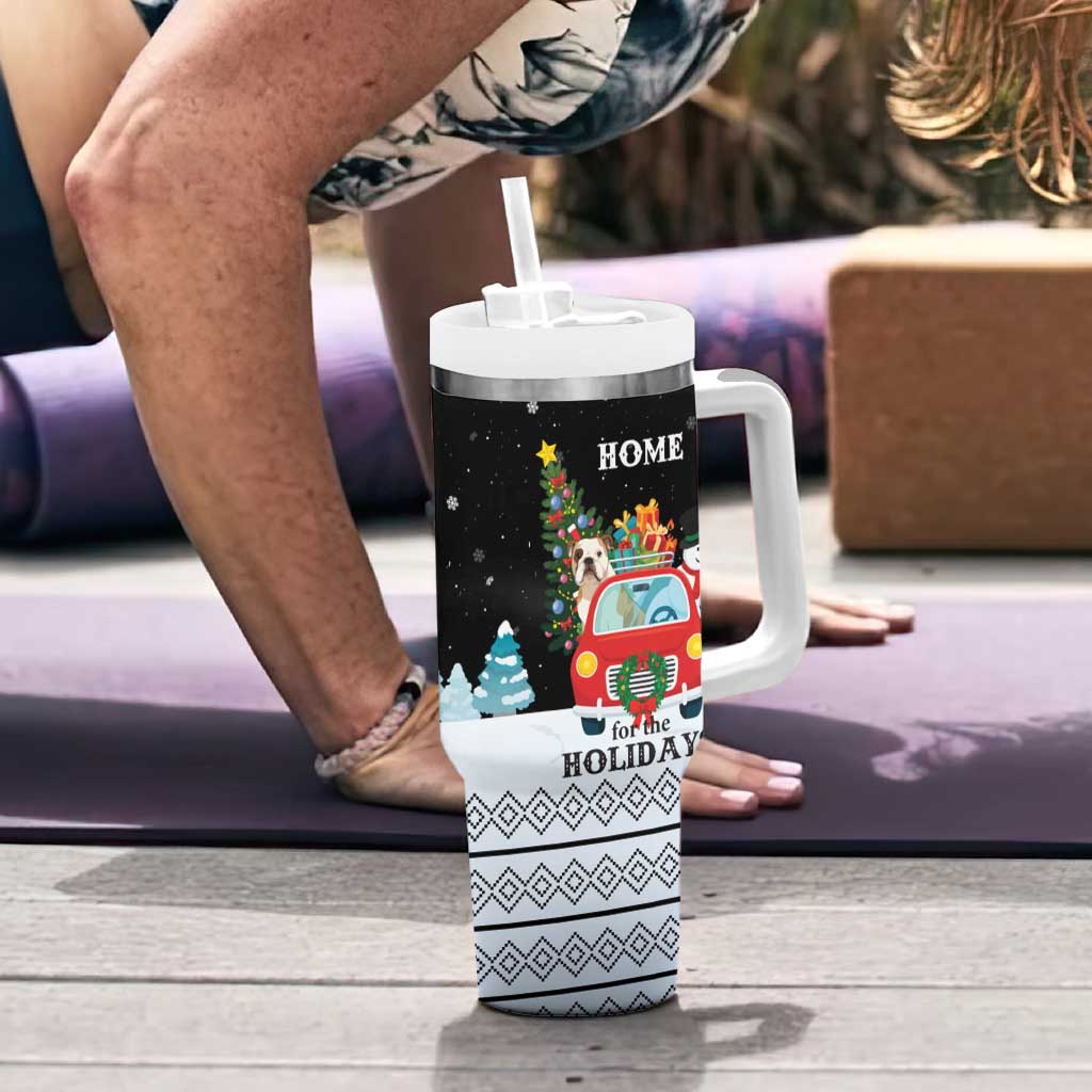 Merry Christmas Bulldog And Snowman Tumbler With Handle Dog Snowman Christmas Tree and Red Car Winter Scene - Wonder Print Shop