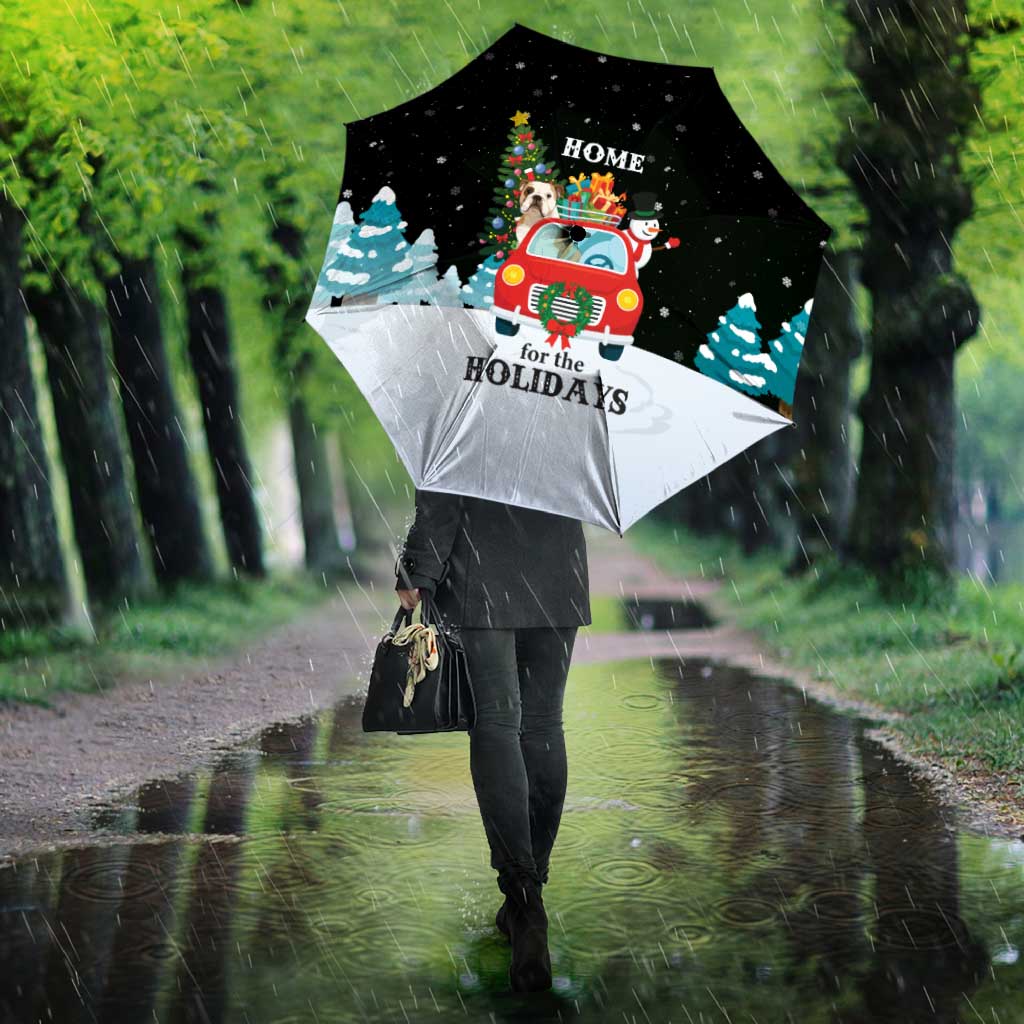 Merry Christmas Bulldog And Snowman Umbrella Dog Snowman Christmas Tree and Red Car Winter Scene - Wonder Print Shop