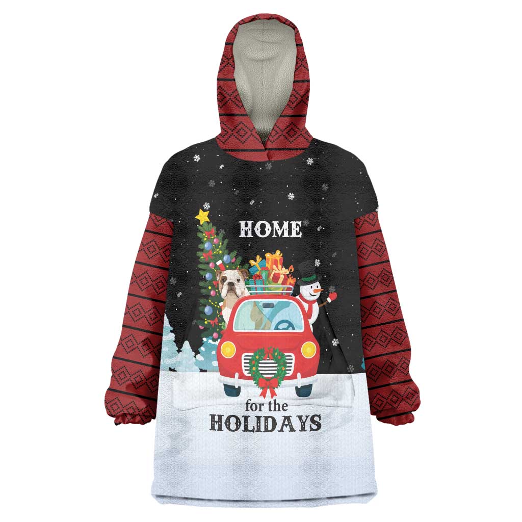 Merry Christmas Bulldog And Snowman Wearable Blanket Hoodie Dog Snowman Christmas Tree and Red Car Winter Scene - Wonder Print Shop