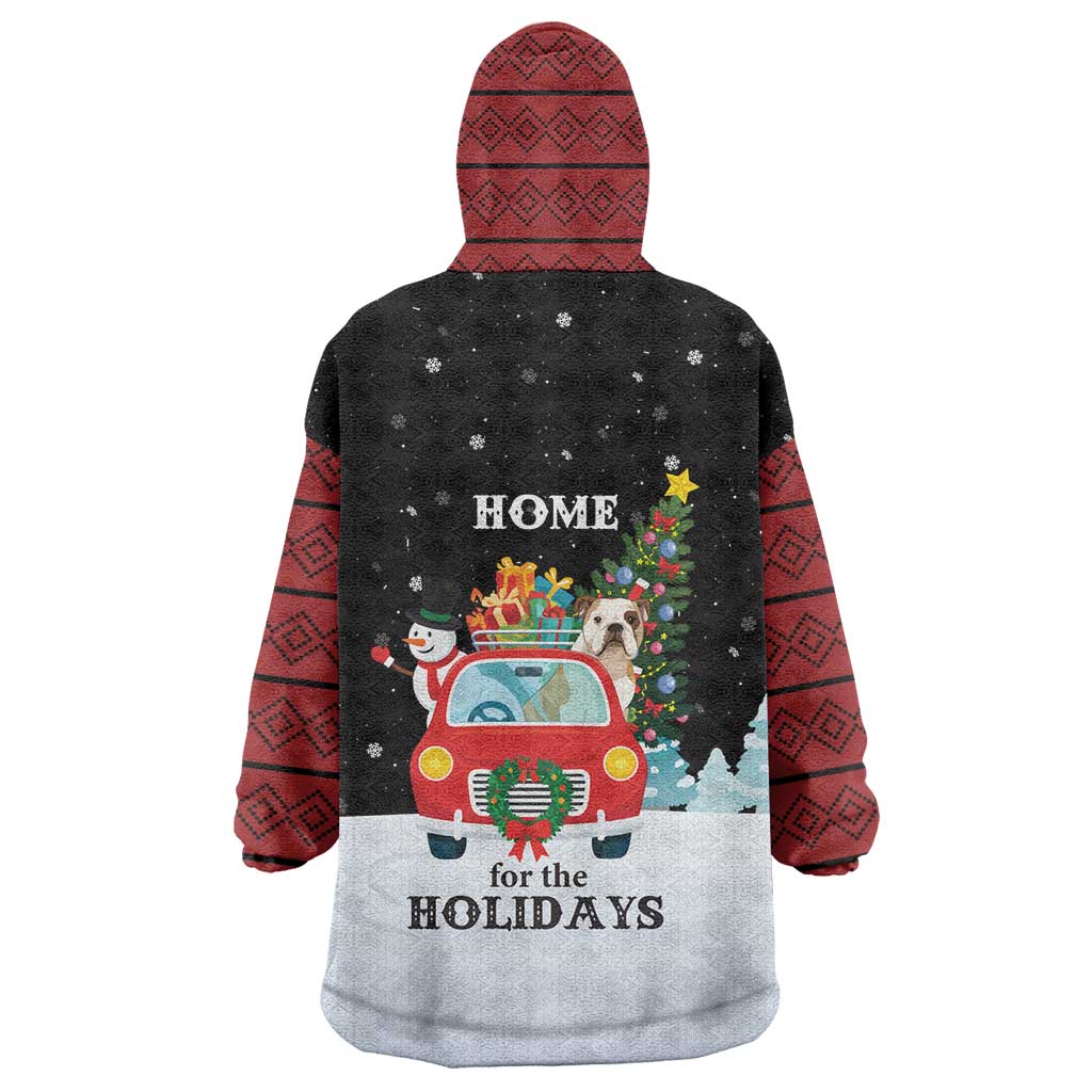 Merry Christmas Bulldog And Snowman Wearable Blanket Hoodie Dog Snowman Christmas Tree and Red Car Winter Scene - Wonder Print Shop