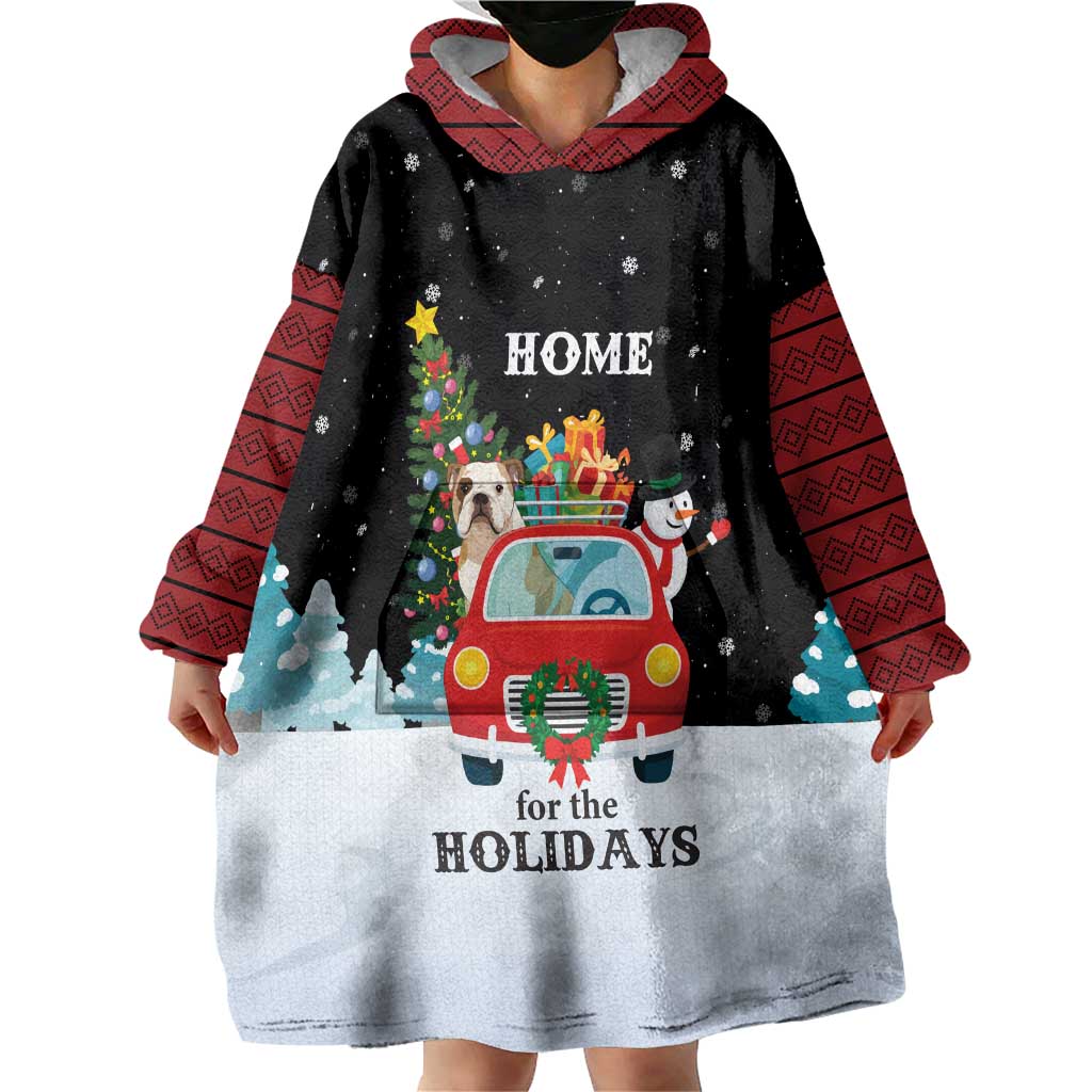Merry Christmas Bulldog And Snowman Wearable Blanket Hoodie Dog Snowman Christmas Tree and Red Car Winter Scene - Wonder Print Shop