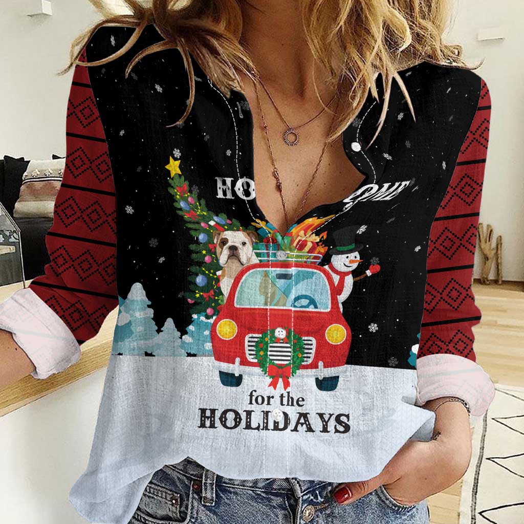 Merry Christmas Bulldog And Snowman Women Casual Shirt Dog Snowman Christmas Tree and Red Car Winter Scene - Wonder Print Shop