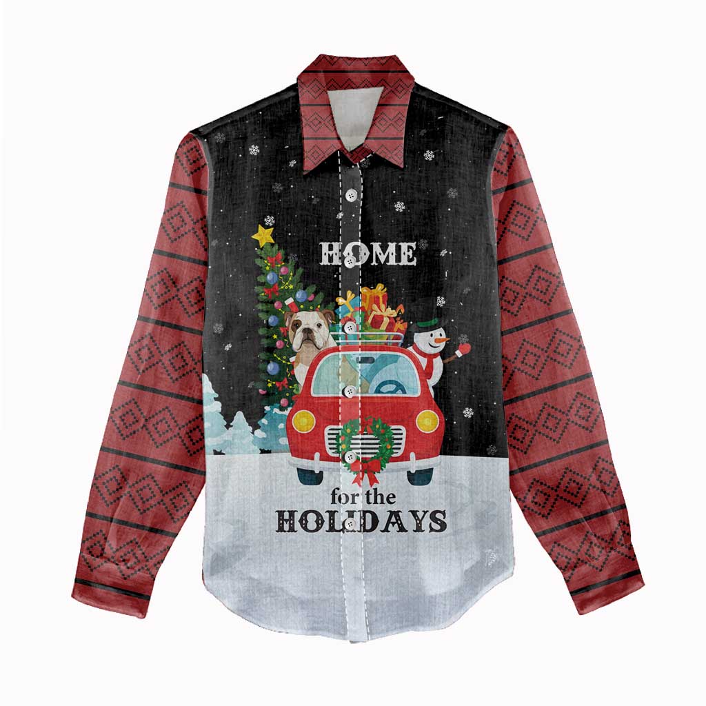 Merry Christmas Bulldog And Snowman Women Casual Shirt Dog Snowman Christmas Tree and Red Car Winter Scene - Wonder Print Shop