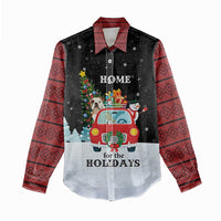 Merry Christmas Bulldog And Snowman Women Casual Shirt Dog Snowman Christmas Tree and Red Car Winter Scene - Wonder Print Shop