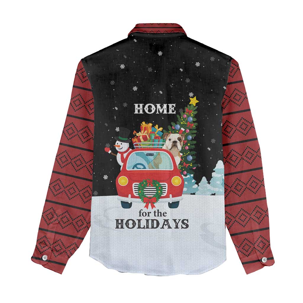 Merry Christmas Bulldog And Snowman Women Casual Shirt Dog Snowman Christmas Tree and Red Car Winter Scene - Wonder Print Shop
