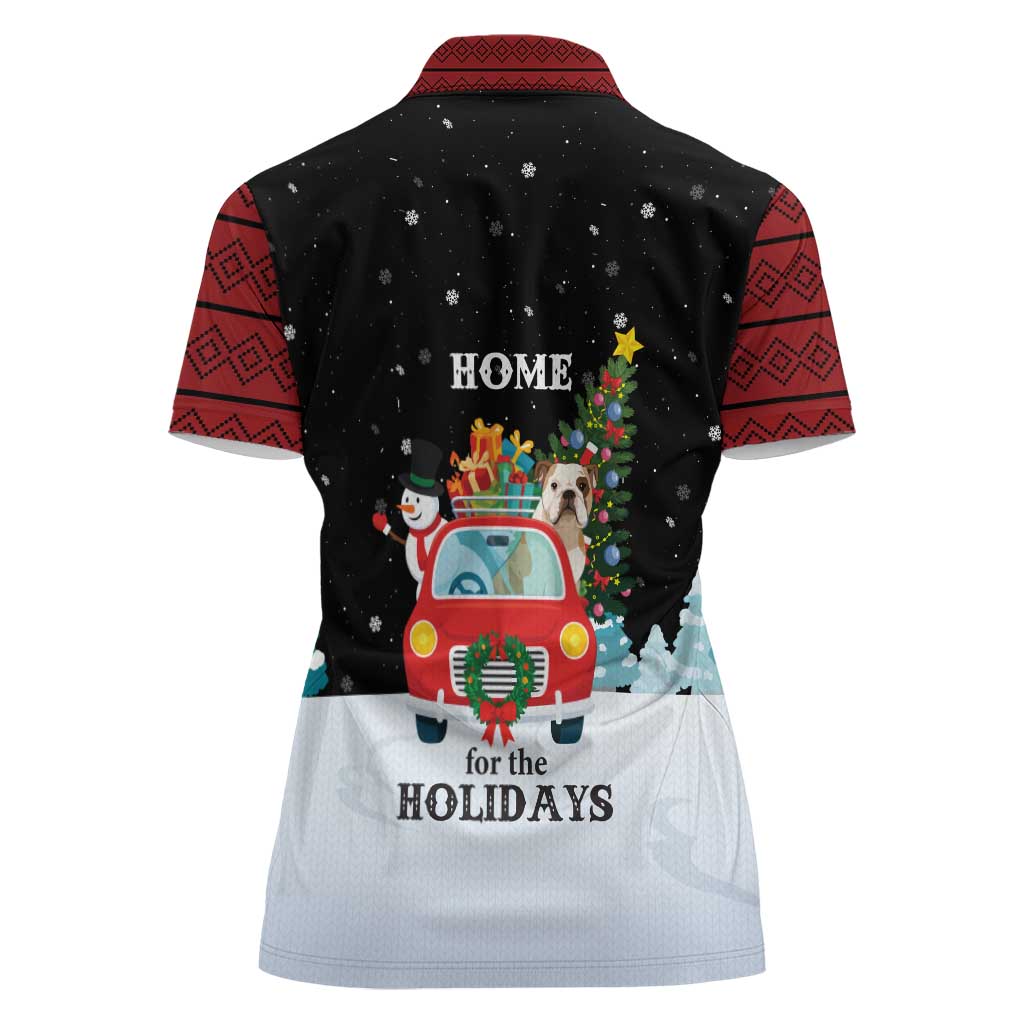 Merry Christmas Bulldog And Snowman Women Polo Shirt Dog Snowman Christmas Tree and Red Car Winter Scene - Wonder Print Shop