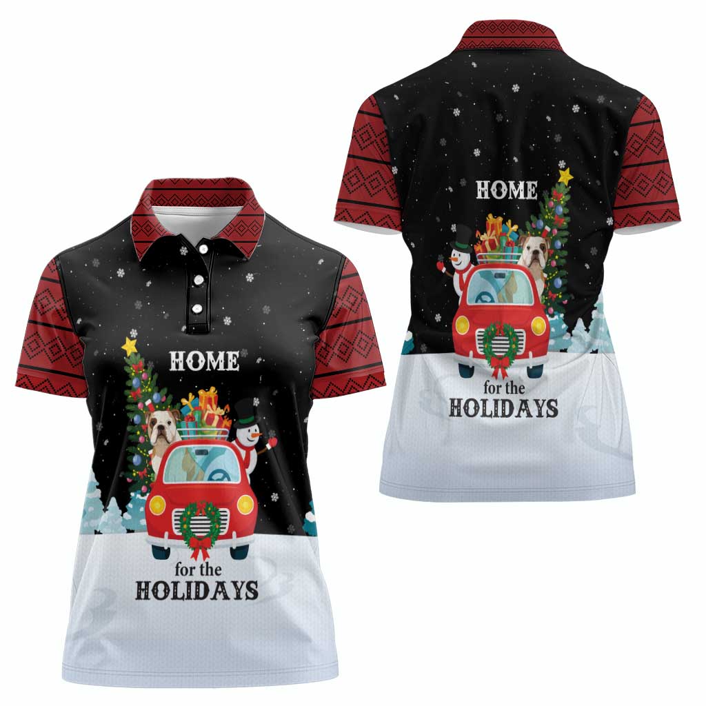 Merry Christmas Bulldog And Snowman Women Polo Shirt Dog Snowman Christmas Tree and Red Car Winter Scene - Wonder Print Shop