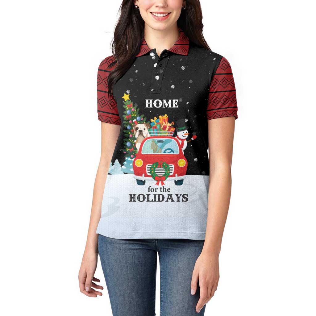 Merry Christmas Bulldog And Snowman Women Polo Shirt Dog Snowman Christmas Tree and Red Car Winter Scene - Wonder Print Shop