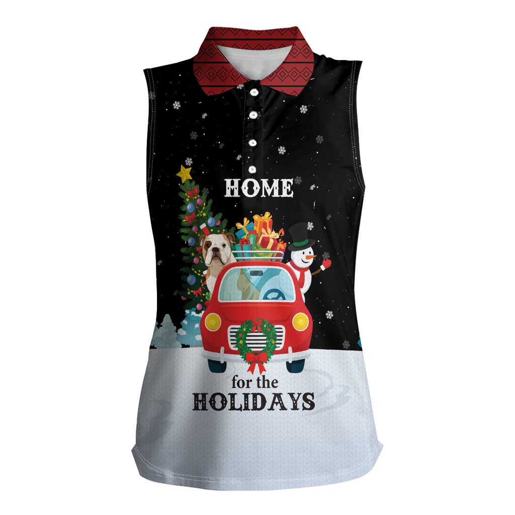 Merry Christmas Bulldog And Snowman Women Sleeveless Polo Shirt Dog Snowman Christmas Tree and Red Car Winter Scene - Wonder Print Shop