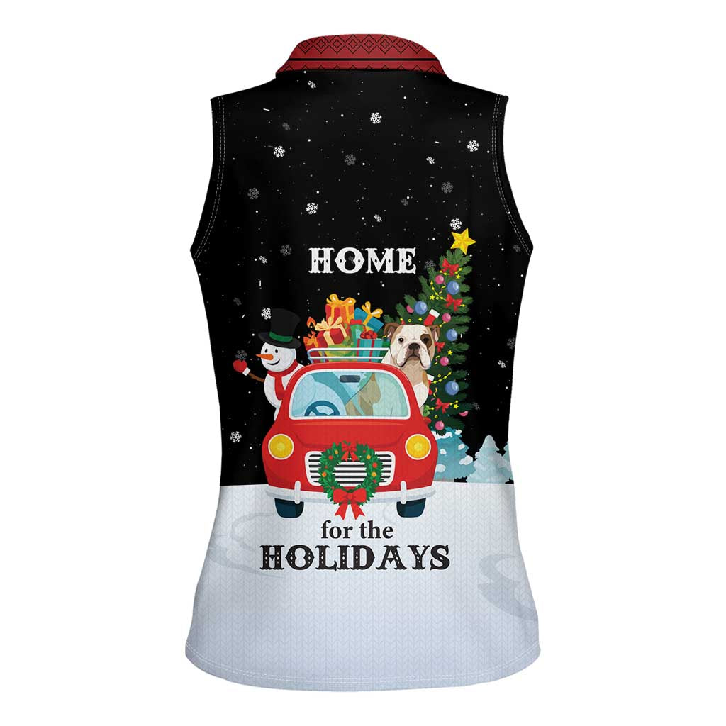 Merry Christmas Bulldog And Snowman Women Sleeveless Polo Shirt Dog Snowman Christmas Tree and Red Car Winter Scene - Wonder Print Shop