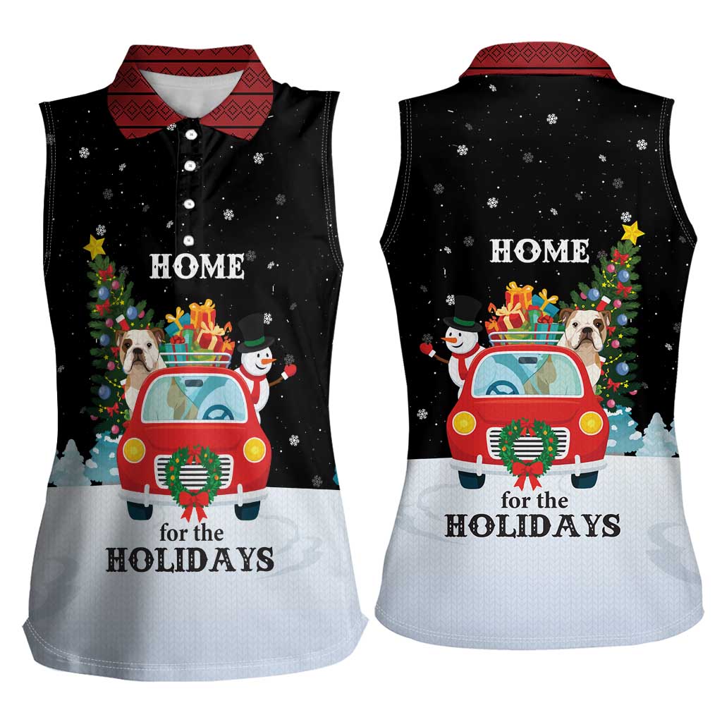 Merry Christmas Bulldog And Snowman Women Sleeveless Polo Shirt Dog Snowman Christmas Tree and Red Car Winter Scene - Wonder Print Shop