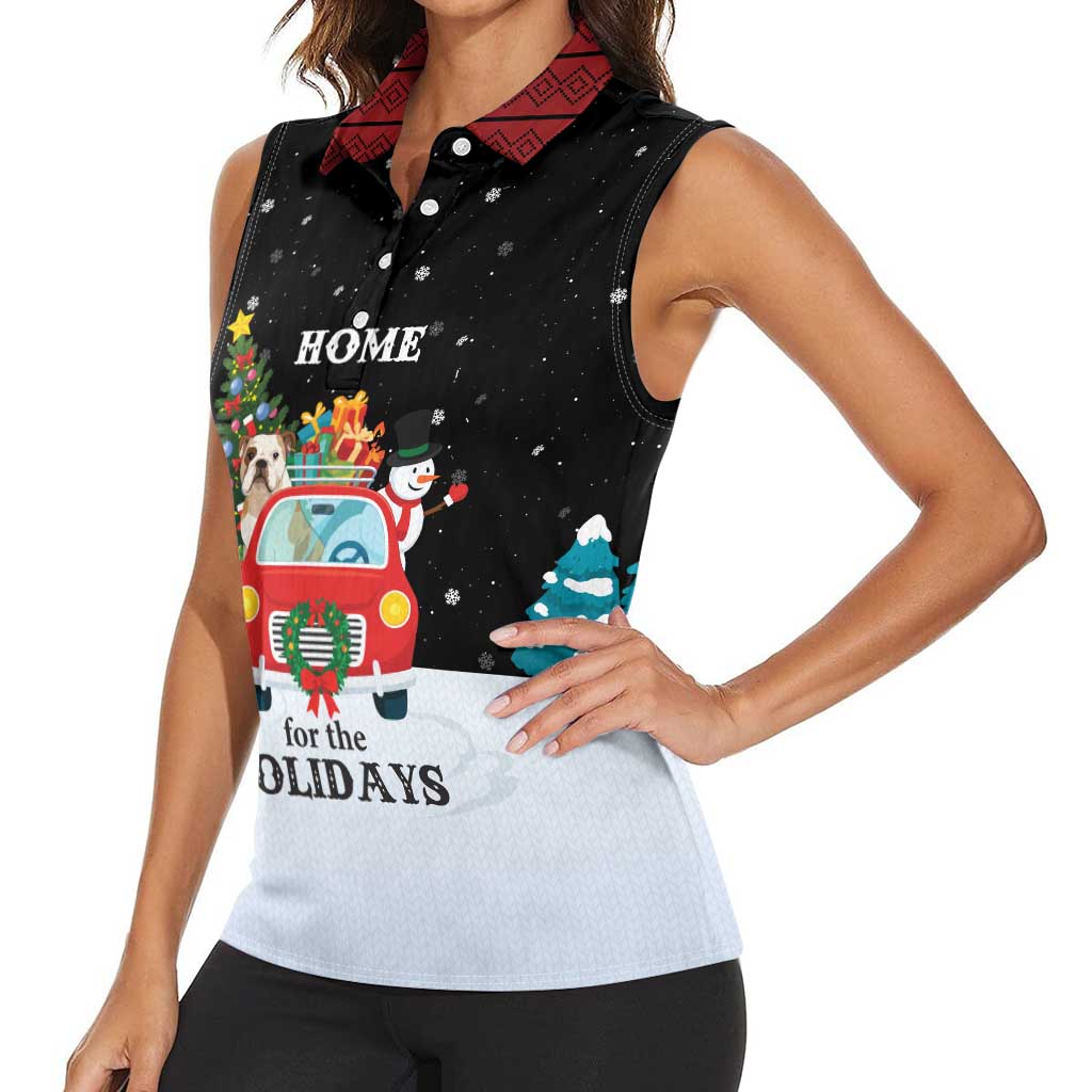 Merry Christmas Bulldog And Snowman Women Sleeveless Polo Shirt Dog Snowman Christmas Tree and Red Car Winter Scene - Wonder Print Shop