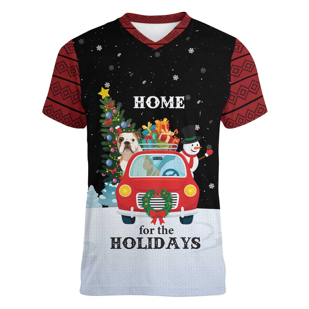 Merry Christmas Bulldog And Snowman Women V-Neck T-Shirt Dog Snowman Christmas Tree and Red Car Winter Scene - Wonder Print Shop
