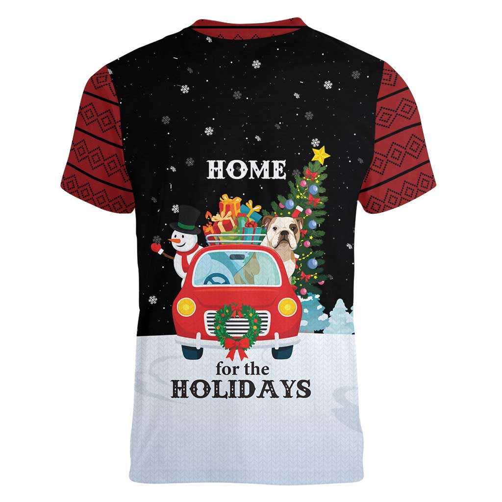 Merry Christmas Bulldog And Snowman Women V-Neck T-Shirt Dog Snowman Christmas Tree and Red Car Winter Scene - Wonder Print Shop