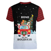 Merry Christmas Bulldog And Snowman Women V-Neck T-Shirt Dog Snowman Christmas Tree and Red Car Winter Scene - Wonder Print Shop