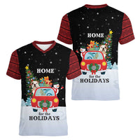 Merry Christmas Bulldog And Snowman Women V-Neck T-Shirt Dog Snowman Christmas Tree and Red Car Winter Scene - Wonder Print Shop
