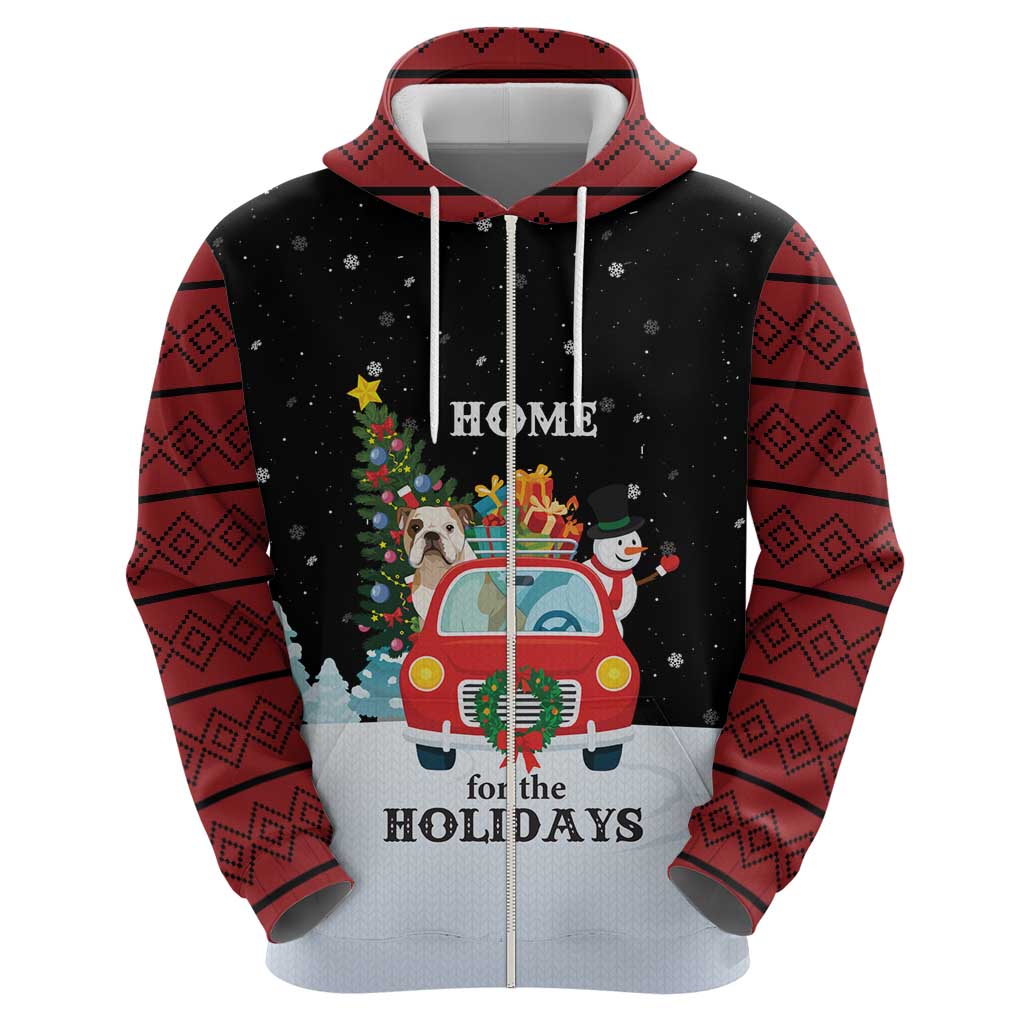 Merry Christmas Bulldog And Snowman Zip Hoodie Dog Snowman Christmas Tree and Red Car Winter Scene - Wonder Print Shop