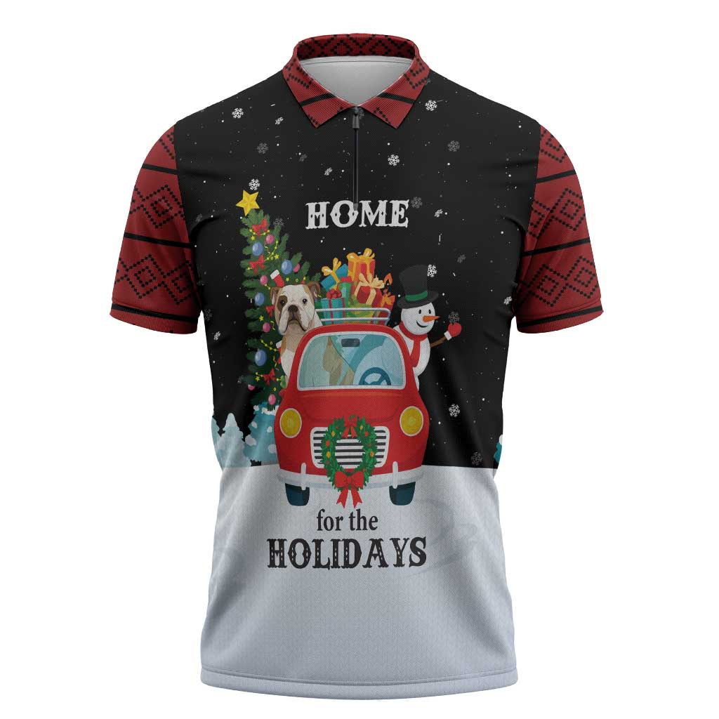 Merry Christmas Bulldog And Snowman Zipper Polo Shirt Dog Snowman Christmas Tree and Red Car Winter Scene - Wonder Print Shop