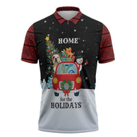 Merry Christmas Bulldog And Snowman Zipper Polo Shirt Dog Snowman Christmas Tree and Red Car Winter Scene - Wonder Print Shop