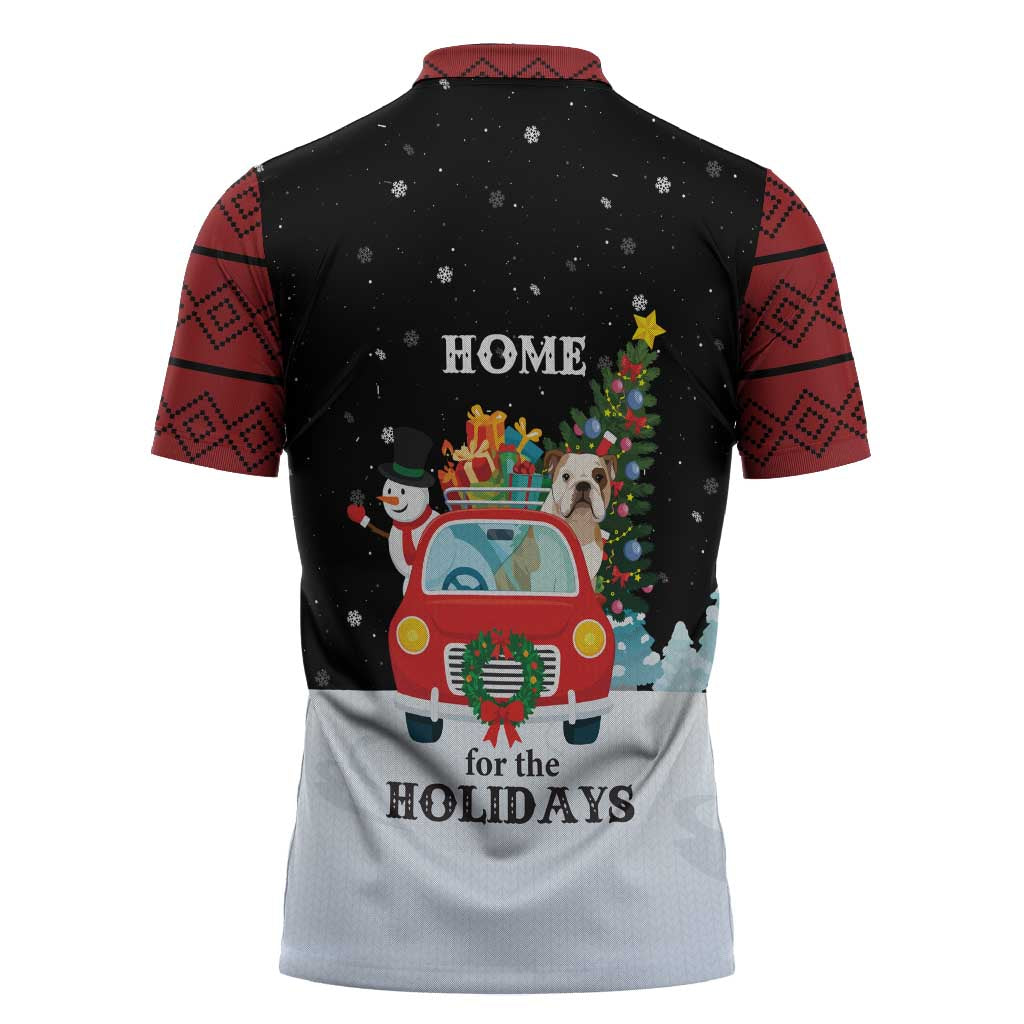 Merry Christmas Bulldog And Snowman Zipper Polo Shirt Dog Snowman Christmas Tree and Red Car Winter Scene - Wonder Print Shop