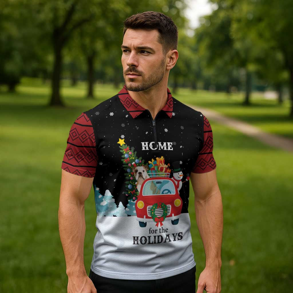 Merry Christmas Bulldog And Snowman Zipper Polo Shirt Dog Snowman Christmas Tree and Red Car Winter Scene - Wonder Print Shop