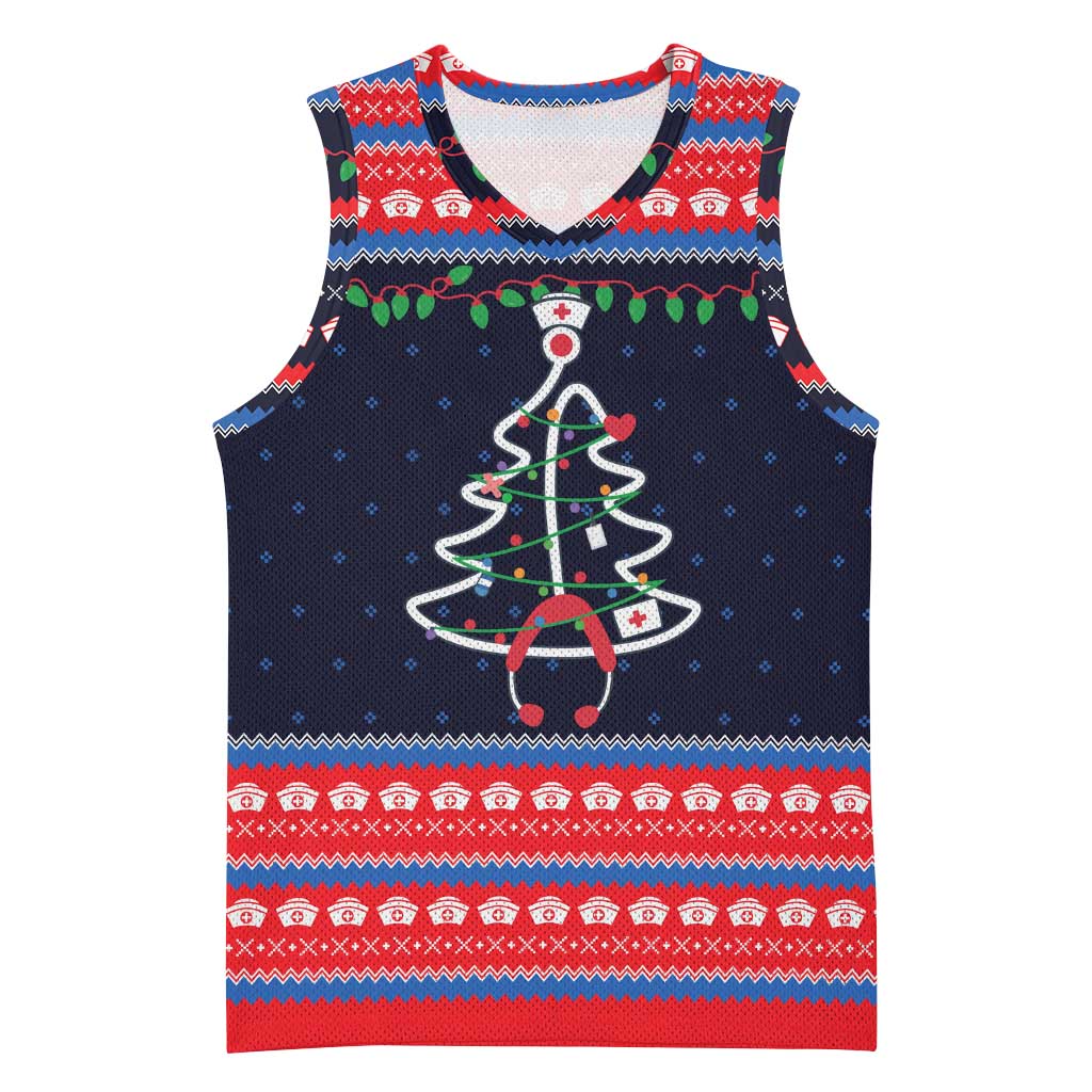 Merry Christmas Nurse Basketball Jersey Stethoscope Tree Nurses and Medical Workers - Wonder Print Shop