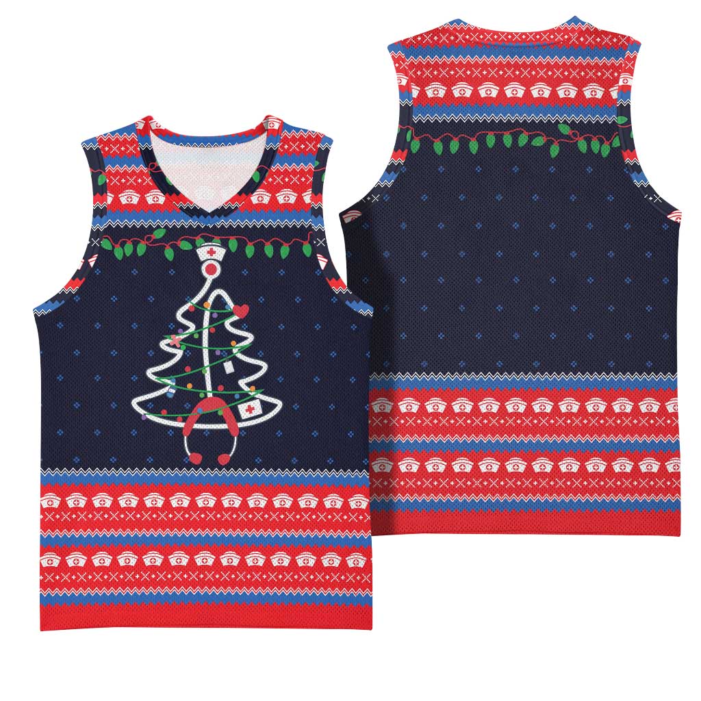 Merry Christmas Nurse Basketball Jersey Stethoscope Tree Nurses and Medical Workers - Wonder Print Shop