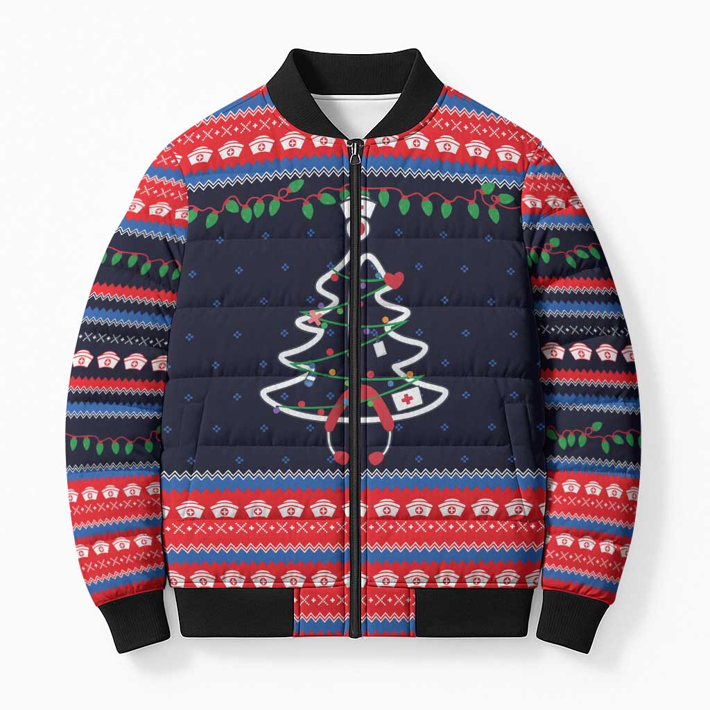 Merry Christmas Nurse Bomber Puffer Jacket Stethoscope Tree Nurses and Medical Workers - Wonder Print Shop