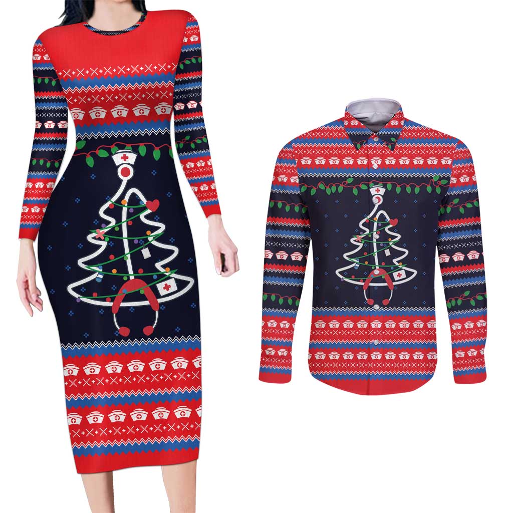 Merry Christmas Nurse Couples Matching Long Sleeve Bodycon Dress and Long Sleeve Button Shirt Stethoscope Tree Nurses and Medical Workers - Wonder Print Shop