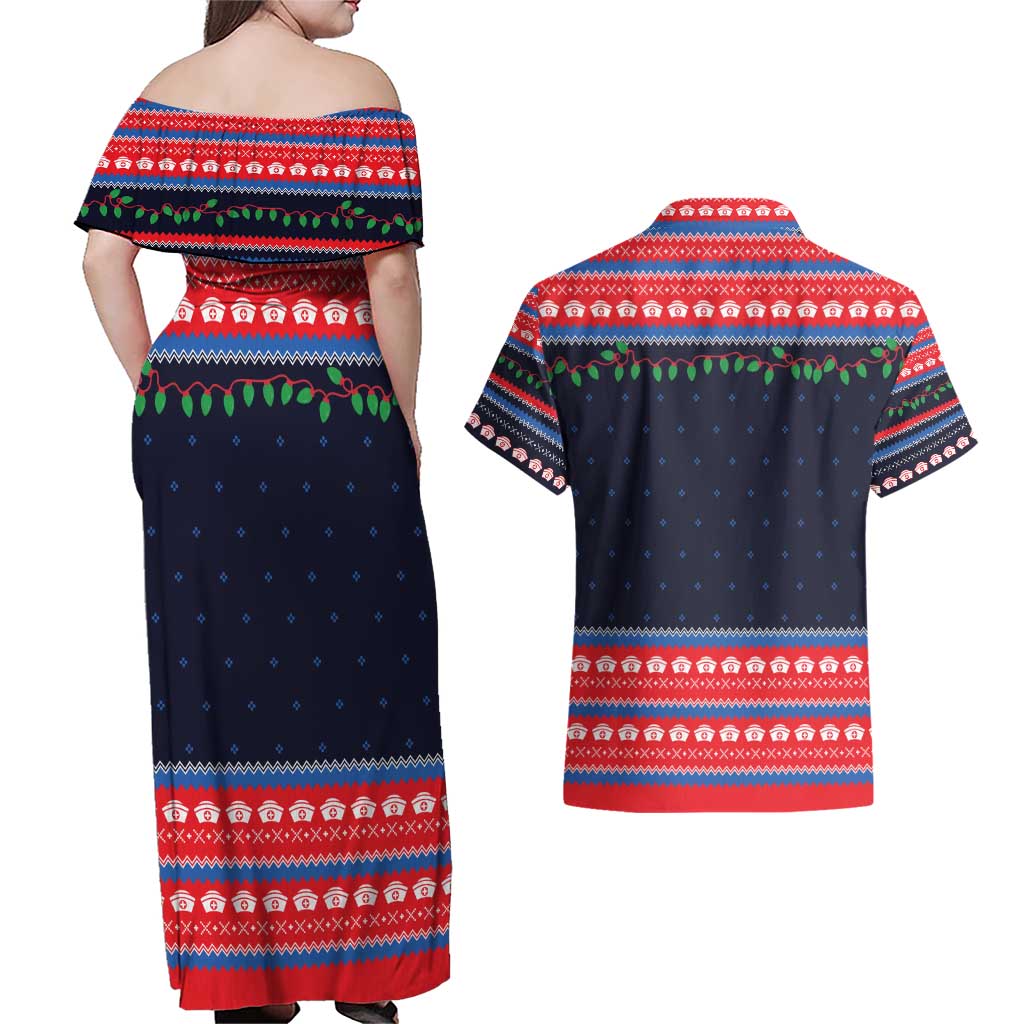 Merry Christmas Nurse Couples Matching Off Shoulder Maxi Dress and Hawaiian Shirt Stethoscope Tree Nurses and Medical Workers - Wonder Print Shop