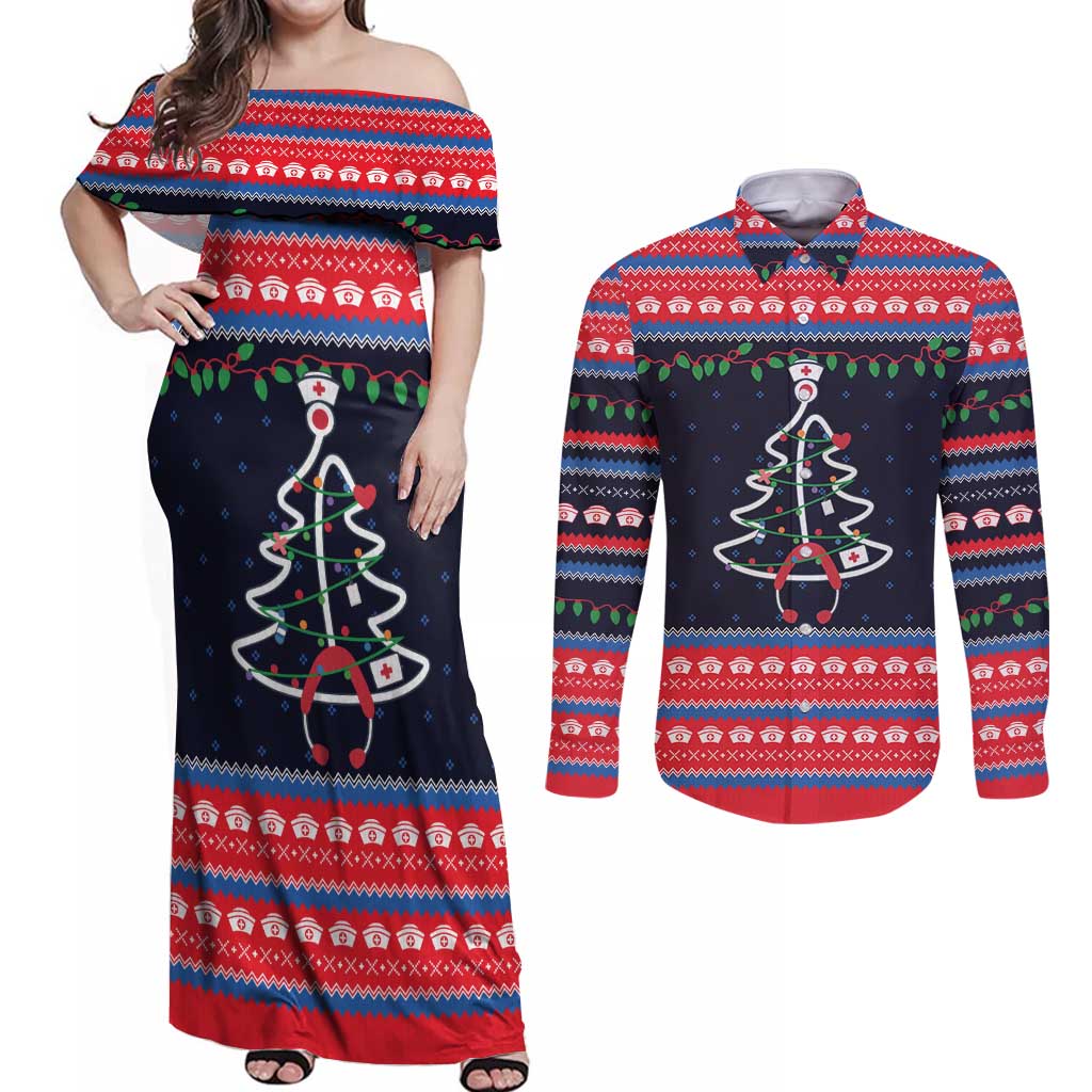 Merry Christmas Nurse Couples Matching Off Shoulder Maxi Dress and Long Sleeve Button Shirt Stethoscope Tree Nurses and Medical Workers - Wonder Print Shop