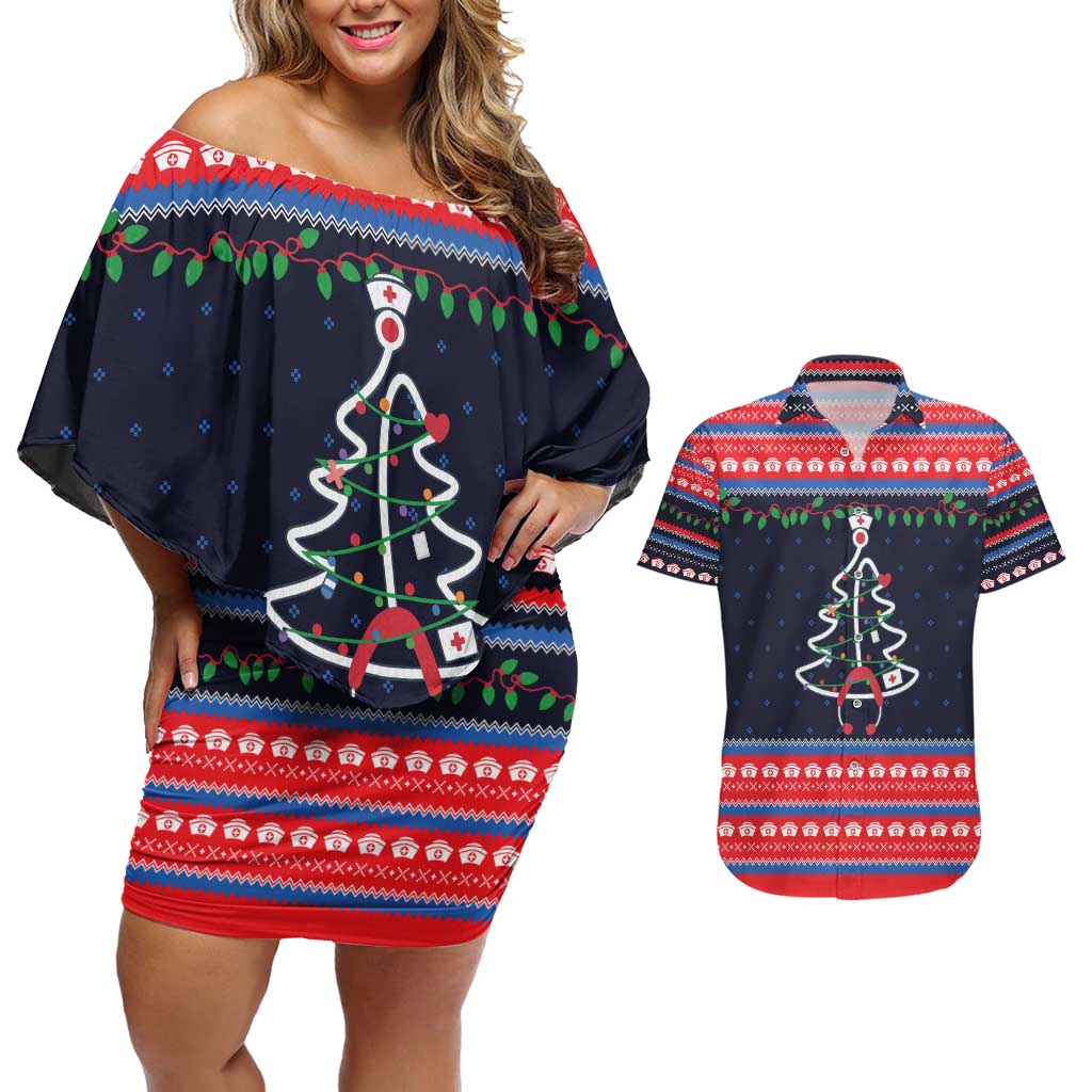 Merry Christmas Nurse Couples Matching Off Shoulder Short Dress and Hawaiian Shirt Stethoscope Tree Nurses and Medical Workers - Wonder Print Shop