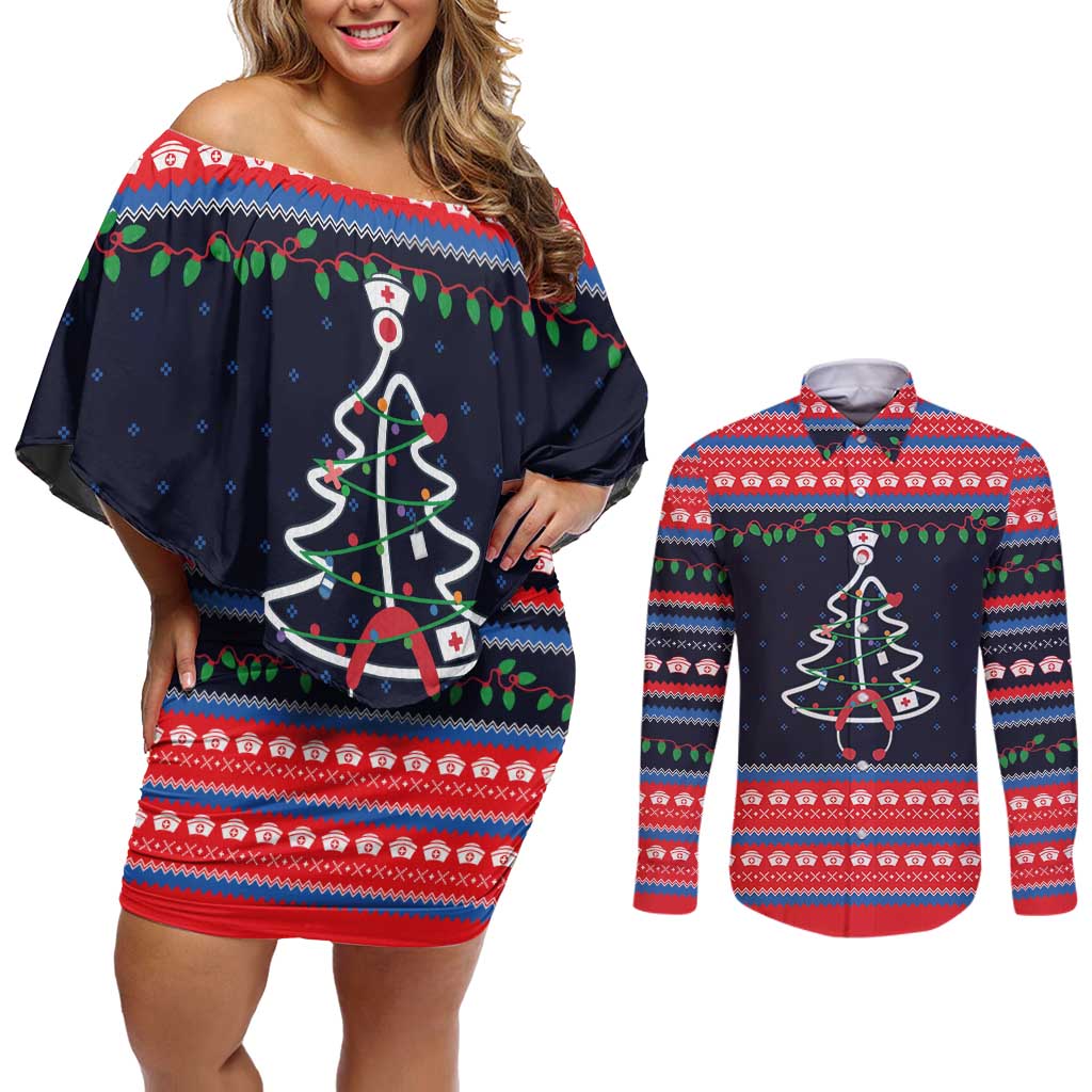 Merry Christmas Nurse Couples Matching Off Shoulder Short Dress and Long Sleeve Button Shirt Stethoscope Tree Nurses and Medical Workers - Wonder Print Shop