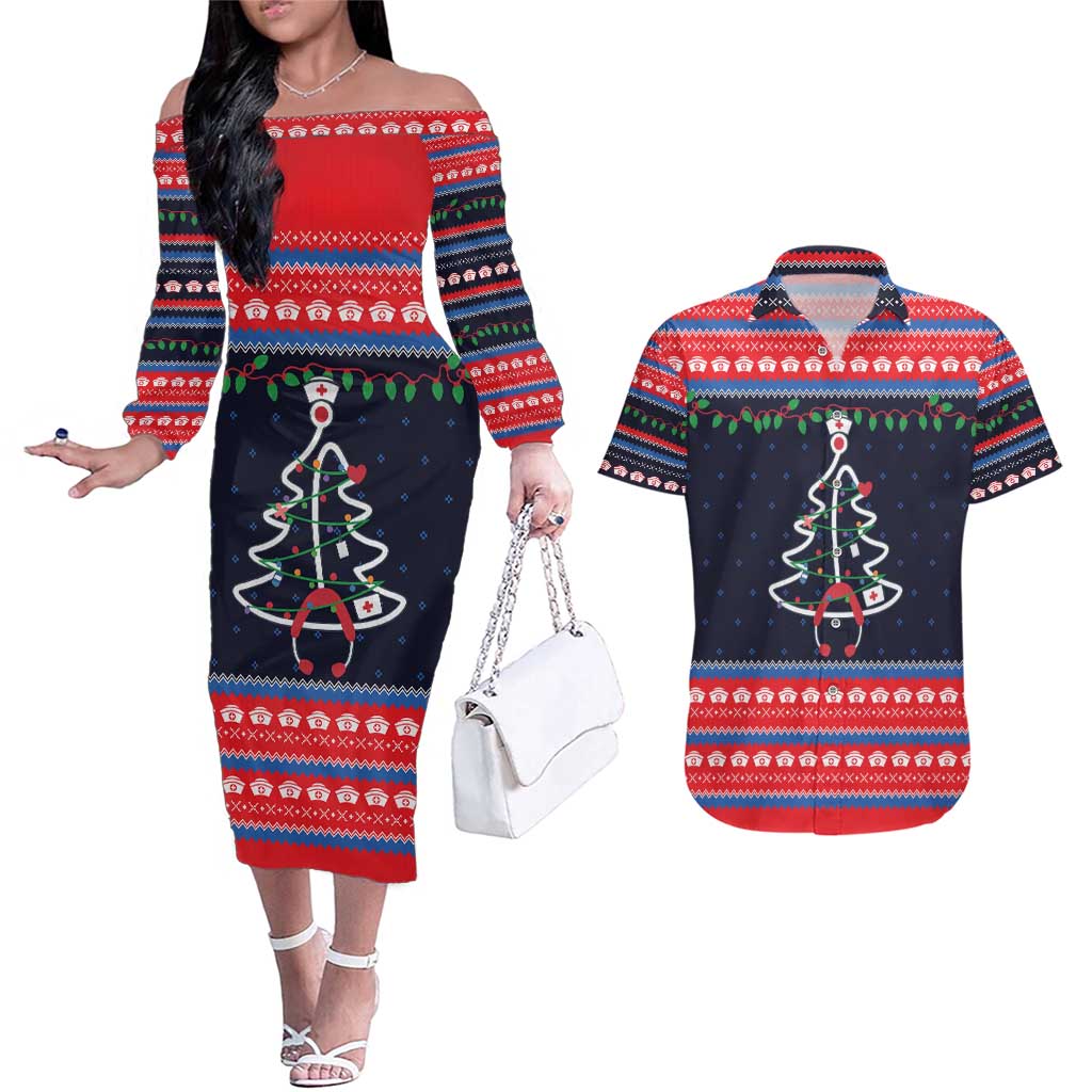 Merry Christmas Nurse Couples Matching Off The Shoulder Long Sleeve Dress and Hawaiian Shirt Stethoscope Tree Nurses and Medical Workers - Wonder Print Shop