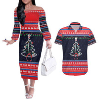 Merry Christmas Nurse Couples Matching Off The Shoulder Long Sleeve Dress and Hawaiian Shirt Stethoscope Tree Nurses and Medical Workers - Wonder Print Shop