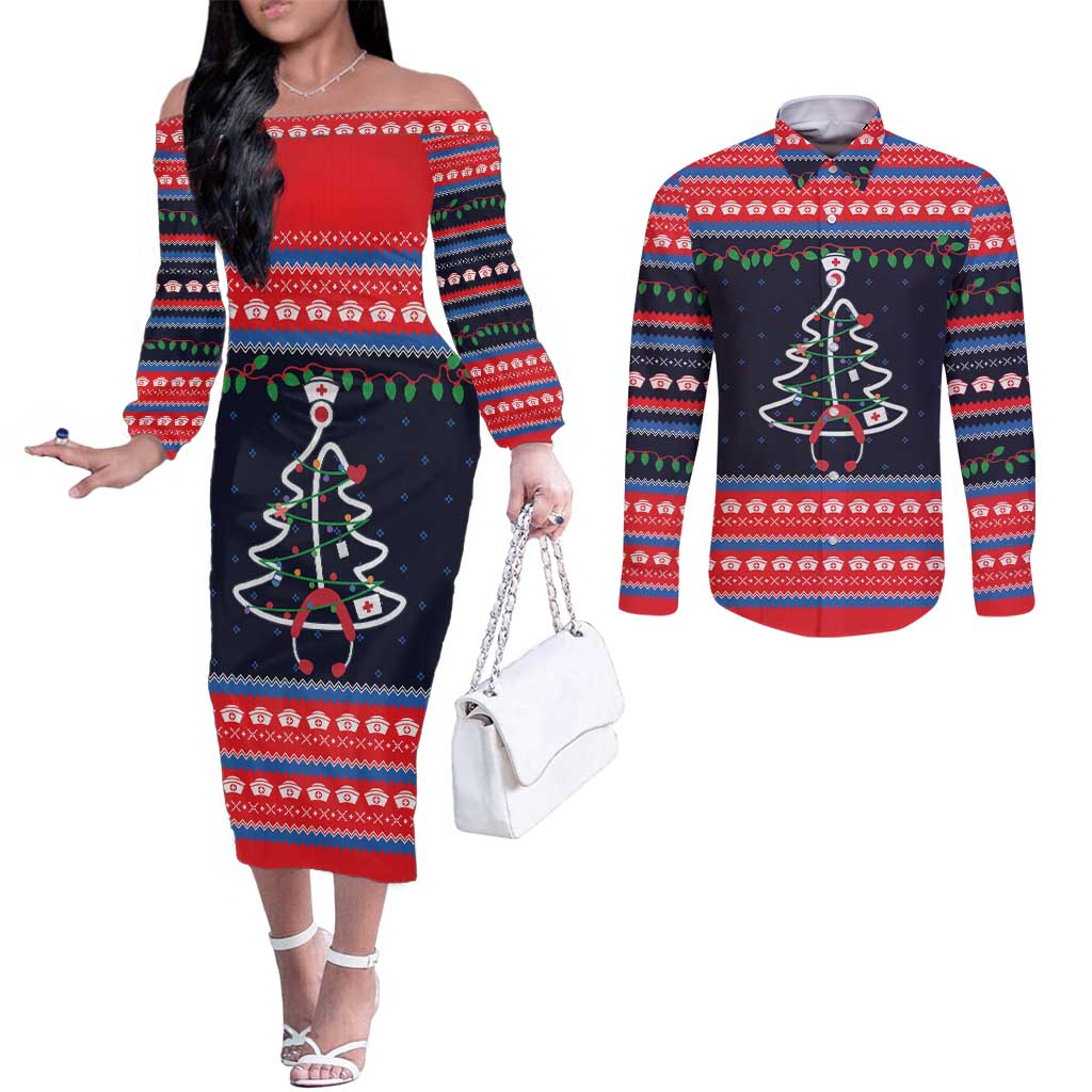 Merry Christmas Nurse Couples Matching Off The Shoulder Long Sleeve Dress and Long Sleeve Button Shirt Stethoscope Tree Nurses and Medical Workers - Wonder Print Shop