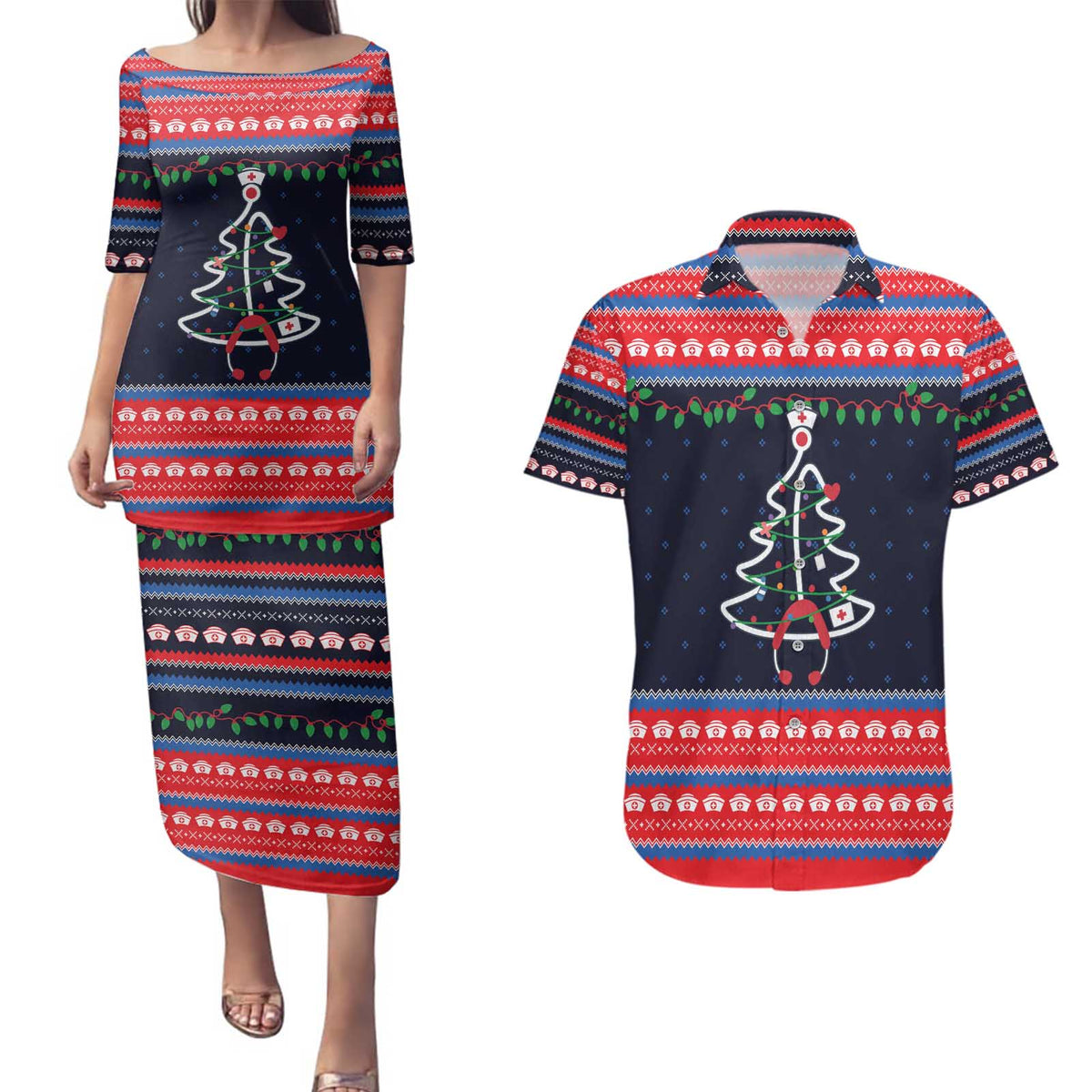 Merry Christmas Nurse Couples Matching Puletasi and Hawaiian Shirt Stethoscope Tree Nurses and Medical Workers - Wonder Print Shop