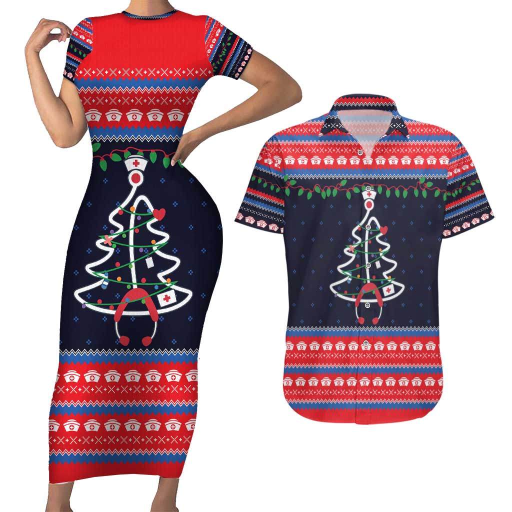 Merry Christmas Nurse Couples Matching Short Sleeve Bodycon Dress and Hawaiian Shirt Stethoscope Tree Nurses and Medical Workers - Wonder Print Shop