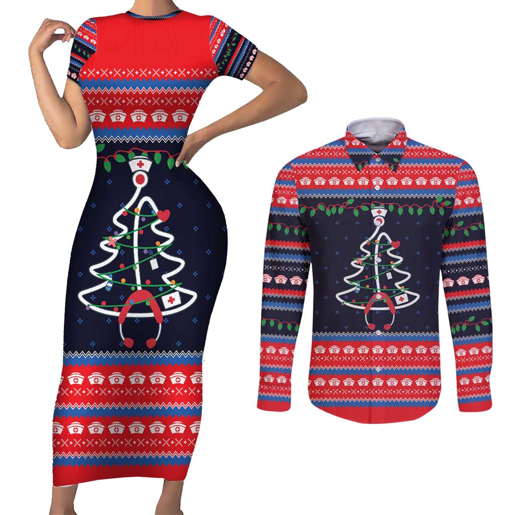 Merry Christmas Nurse Couples Matching Short Sleeve Bodycon Dress and Long Sleeve Button Shirt Stethoscope Tree Nurses and Medical Workers - Wonder Print Shop