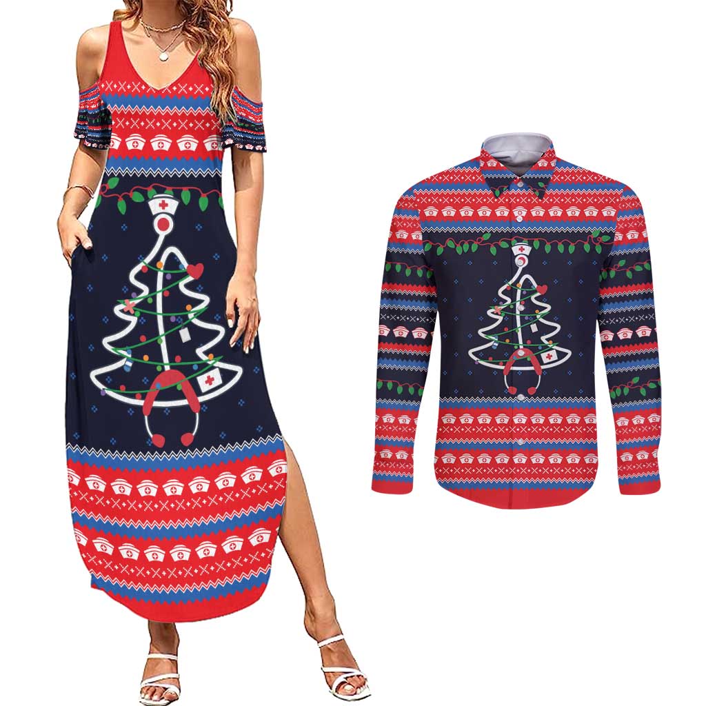 Merry Christmas Nurse Couples Matching Summer Maxi Dress and Long Sleeve Button Shirt Stethoscope Tree Nurses and Medical Workers - Wonder Print Shop