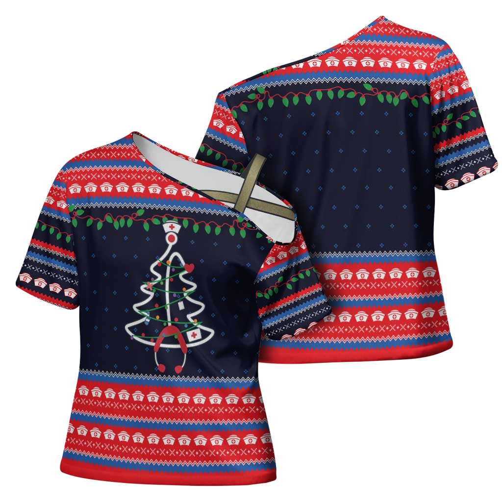 Merry Christmas Nurse Cross Shoulder Shirt Stethoscope Tree Nurses and Medical Workers - Wonder Print Shop