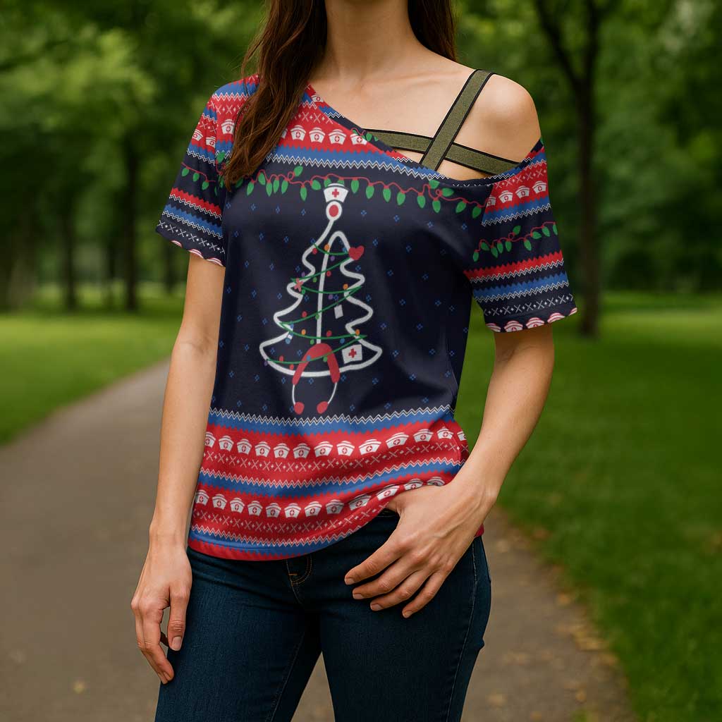 Merry Christmas Nurse Cross Shoulder Shirt Stethoscope Tree Nurses and Medical Workers - Wonder Print Shop