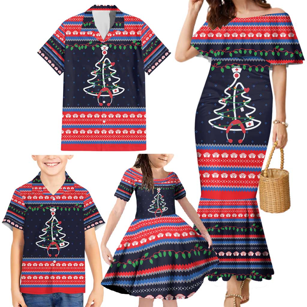 Merry Christmas Nurse Family Matching Mermaid Dress and Hawaiian Shirt Stethoscope Tree Nurses and Medical Workers - Wonder Print Shop